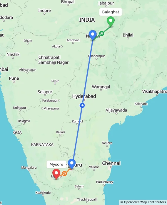 Route map showing distance and travel time from Balaghat, India to Mysore, India