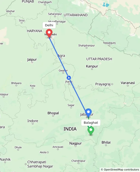 Route map showing distance and travel time from Balaghat, India to Delhi, India