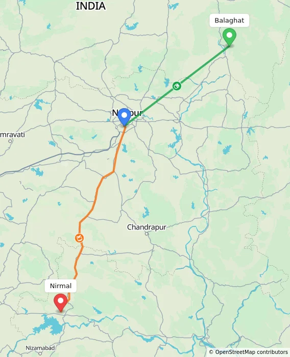Route map showing distance and travel time from Balaghat, India to Nirmal, India