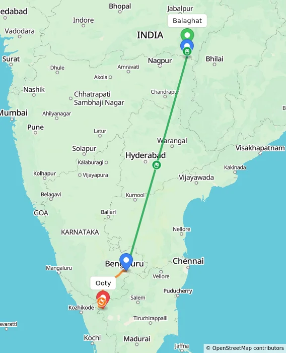 Route map showing distance and travel time from Balaghat, India to Ooty, India