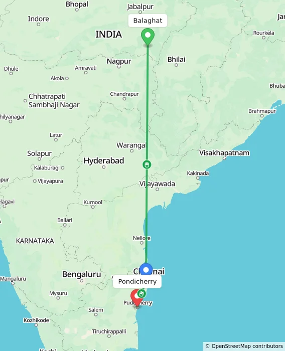 Route map showing distance and travel time from Balaghat, India to Pondicherry, India