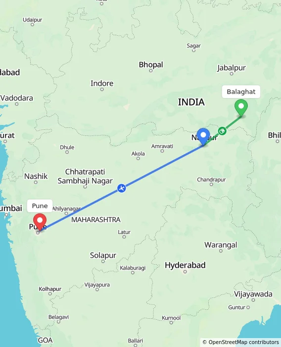 Route map showing distance and travel time from Balaghat, India to Pune, India