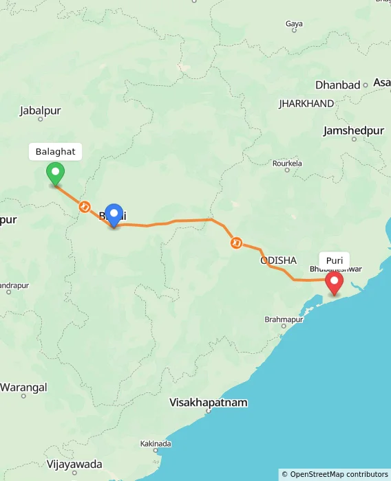 Route map showing distance and travel time from Balaghat, India to Puri, India