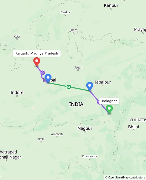 Route map showing distance and travel time from Balaghat, India to Rajgarh, Madhya Pradesh, India