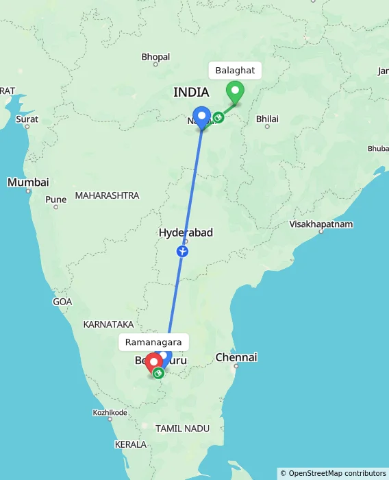 Route map showing distance and travel time from Balaghat, India to Ramanagara, India
