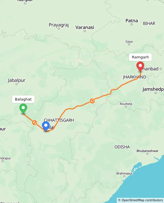 Route map showing distance and travel time from Balaghat, India to Ramgarh, India