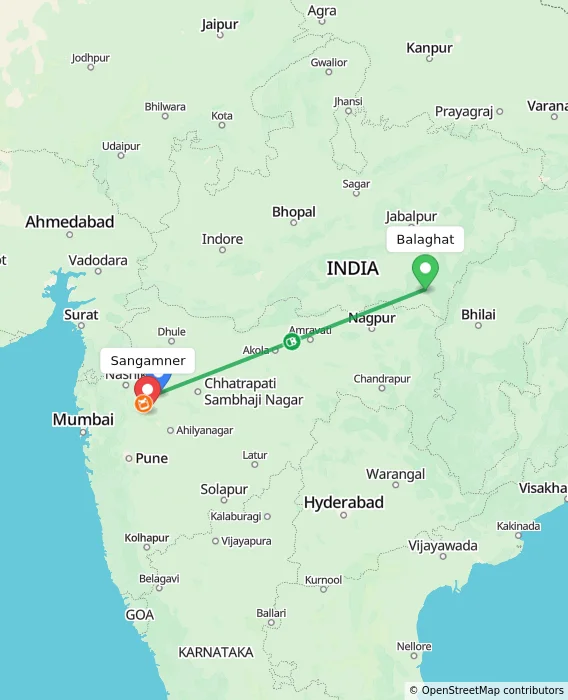 Route map showing distance and travel time from Balaghat, India to Sangamner, India