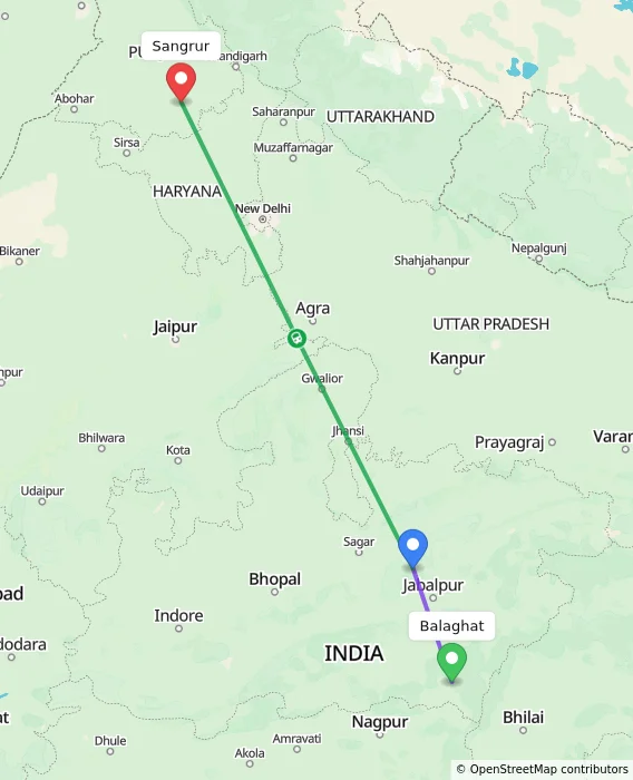 Route map showing distance and travel time from Balaghat, India to Sangrur, India