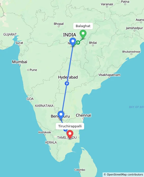 Route map showing distance and travel time from Balaghat, India to Tiruchirappalli, India