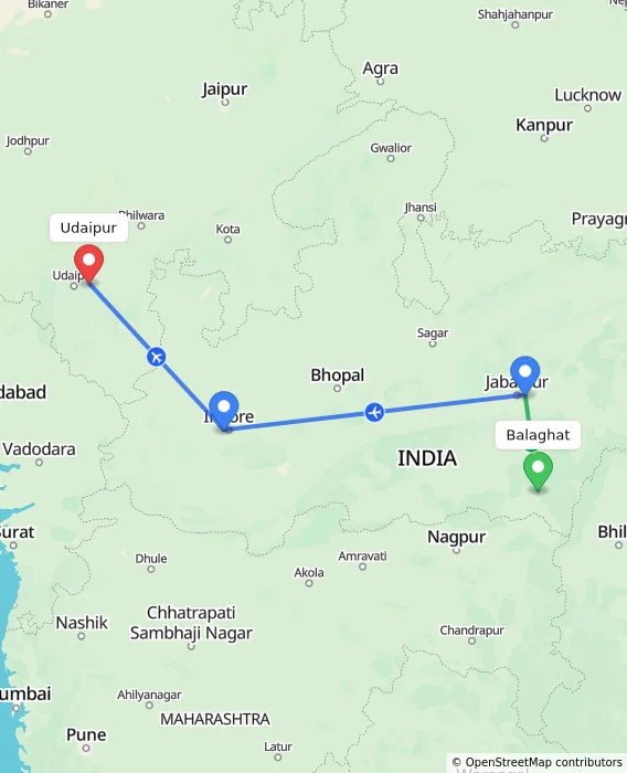 Route map showing distance and travel time from Balaghat, India to Udaipur, India