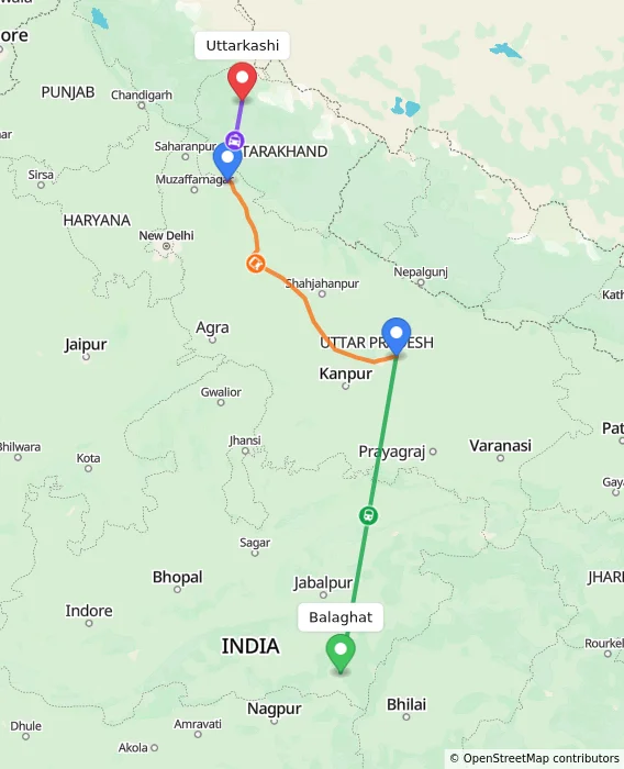 Route map showing distance and travel time from Balaghat, India to Uttarkashi, India