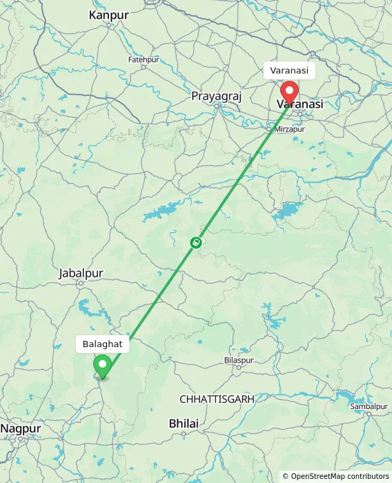 Route map showing distance and travel time from Balaghat, India to Varanasi, India