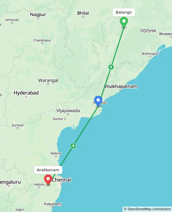 Route map showing distance and travel time from Balangir, India to Arakkonam, India