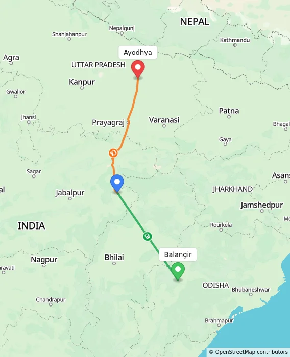 Route map showing distance and travel time from Balangir, India to Ayodhya, India