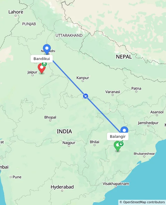 Route map showing distance and travel time from Balangir, India to Bandikui, India