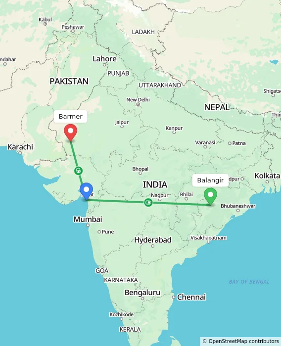 Route map showing distance and travel time from Balangir, India to Barmer, India