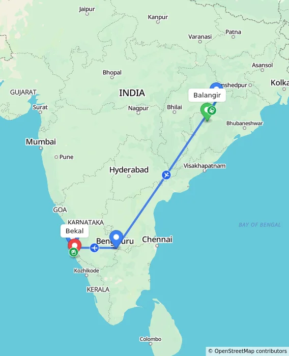 Route map showing distance and travel time from Balangir, India to Bekal, India