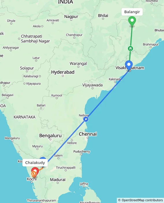 Route map showing distance and travel time from Balangir, India to Chalakudy, India