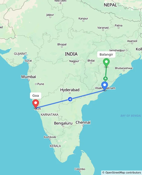 Route map showing distance and travel time from Balangir, India to Goa, India