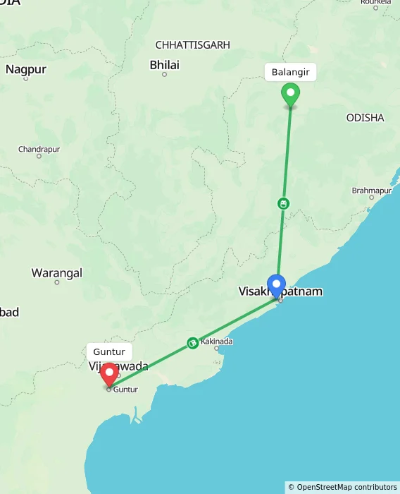 Route map showing distance and travel time from Balangir, India to Guntur, India