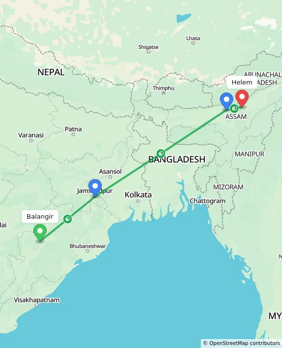 Route map showing distance and travel time from Balangir, India to Helem, India