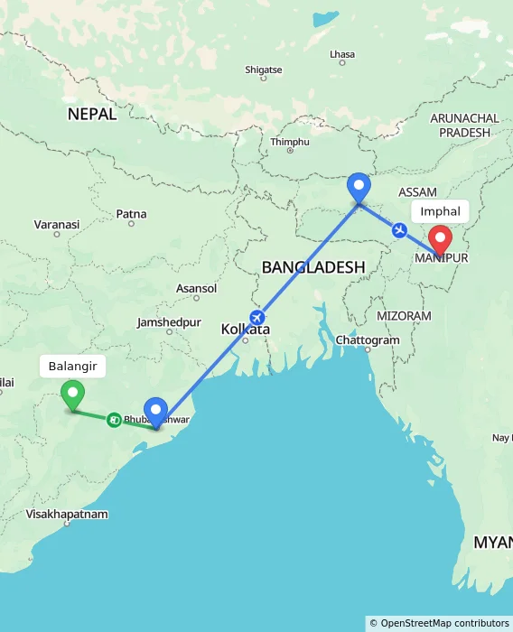 Route map showing distance and travel time from Balangir, India to Imphal, India