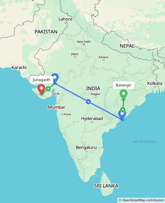 Route map showing distance and travel time from Balangir, India to Junagadh, India