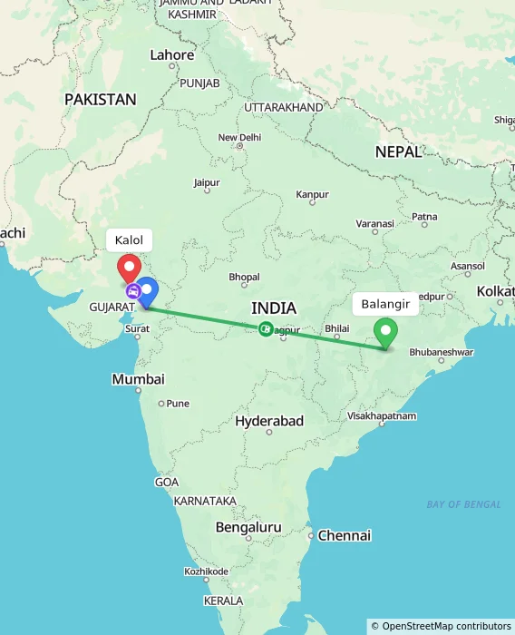 Route map showing distance and travel time from Balangir, India to Kalol, India