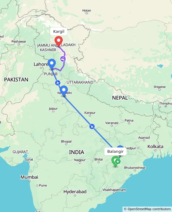Route map showing distance and travel time from Balangir, India to Kargil, India