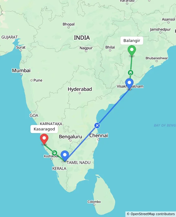 Route map showing distance and travel time from Balangir, India to Kasaragod, India