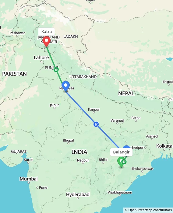Route map showing distance and travel time from Balangir, India to Katra, India