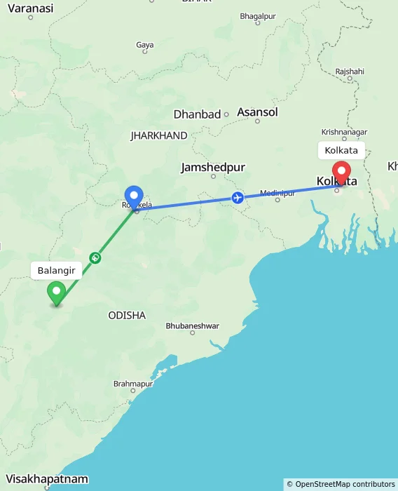Route map showing distance and travel time from Balangir, India to Kolkata, India