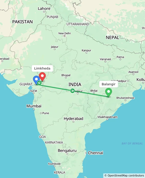 Route map showing distance and travel time from Balangir, India to Limkheda, India