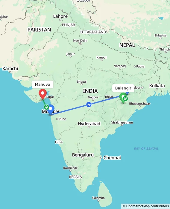 Route map showing distance and travel time from Balangir, India to Mahuva, India