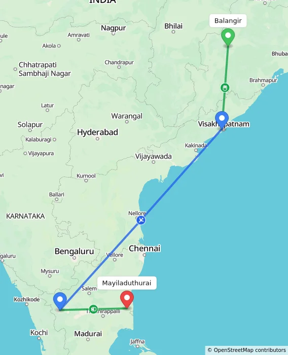 Route map showing distance and travel time from Balangir, India to Mayiladuthurai, India