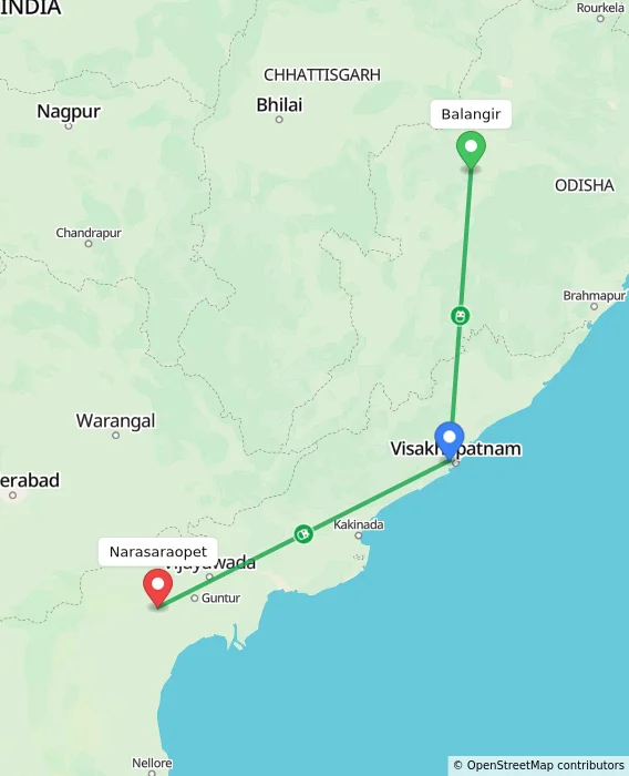 Route map showing distance and travel time from Balangir, India to Narasaraopet, India