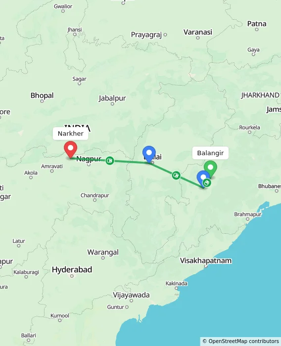 Route map showing distance and travel time from Balangir, India to Narkher, India