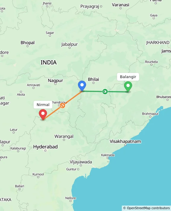 Route map showing distance and travel time from Balangir, India to Nirmal, India