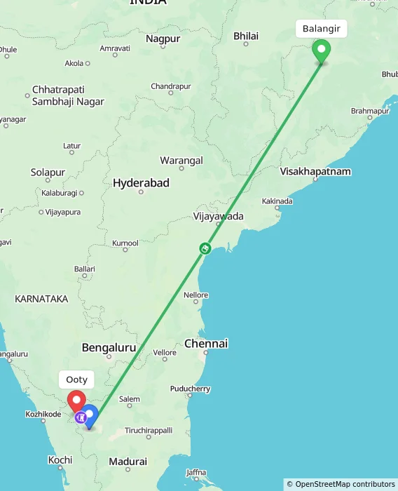 Route map showing distance and travel time from Balangir, India to Ooty, India