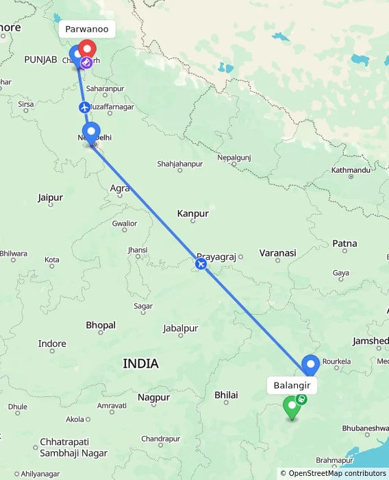Route map showing distance and travel time from Balangir, India to Parwanoo, India