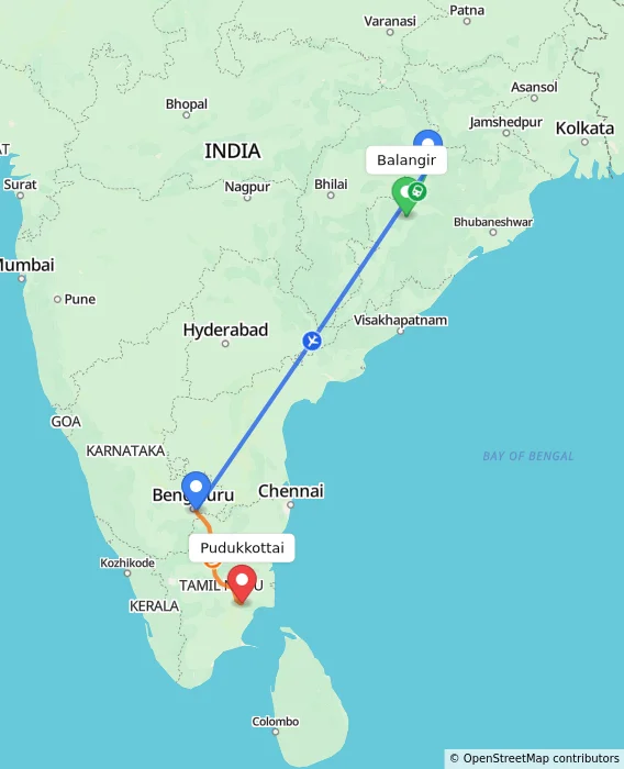 Route map showing distance and travel time from Balangir, India to Pudukkottai, India
