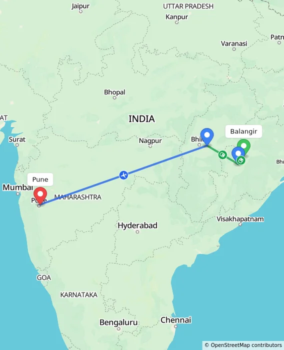 Route map showing distance and travel time from Balangir, India to Pune, India