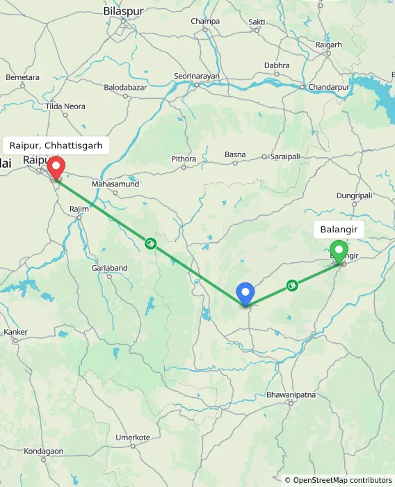Route map showing distance and travel time from Balangir, India to Raipur, Chhattisgarh, India