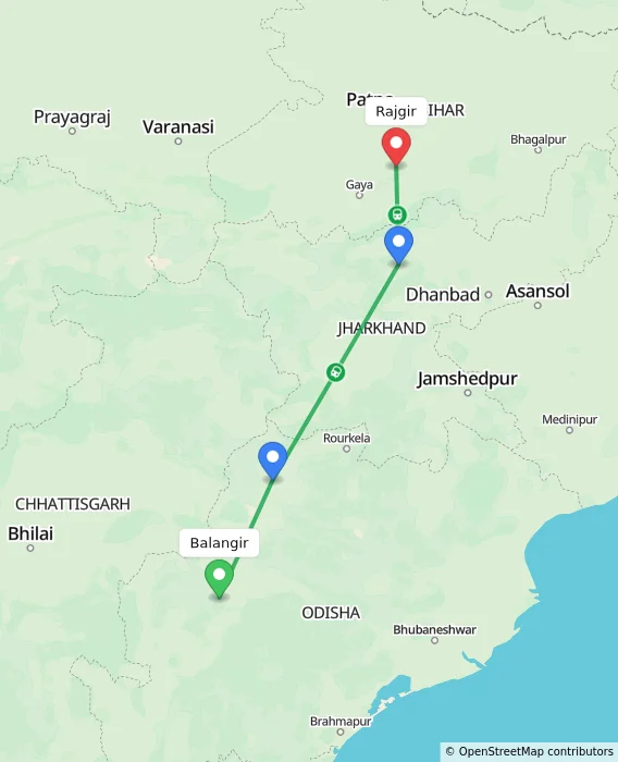 Route map showing distance and travel time from Balangir, India to Rajgir, India