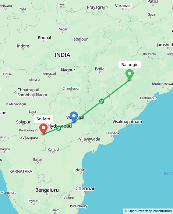 Route map showing distance and travel time from Balangir, India to Sedam, India