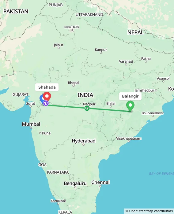 Route map showing distance and travel time from Balangir, India to Shahada, India