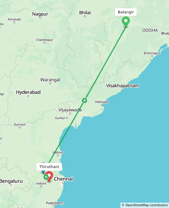 Route map showing distance and travel time from Balangir, India to Thiruthani, India