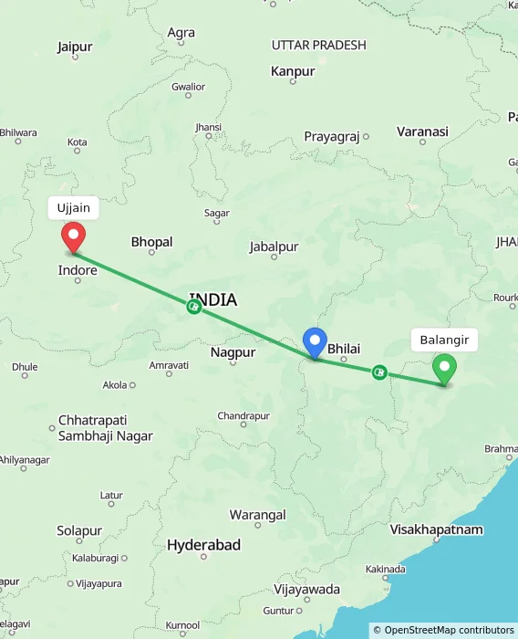 Route map showing distance and travel time from Balangir, India to Ujjain, India