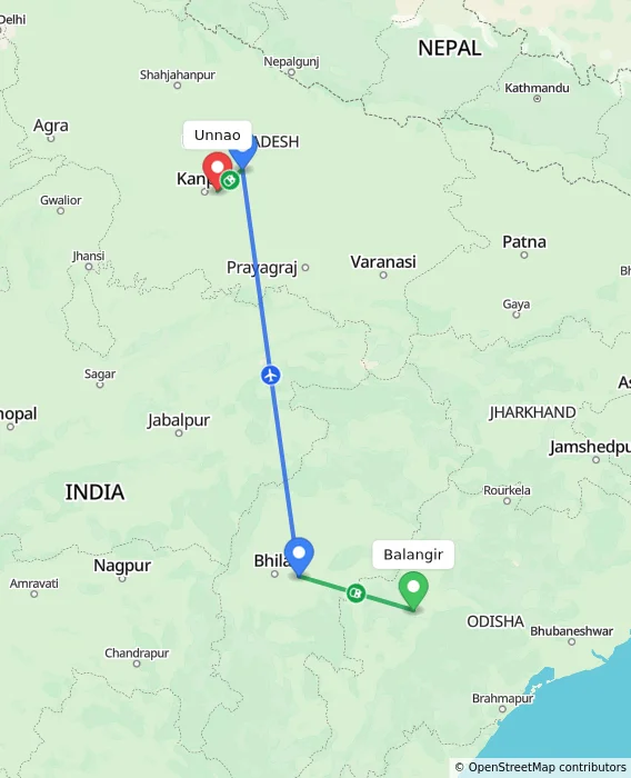 Route map showing distance and travel time from Balangir, India to Unnao, India