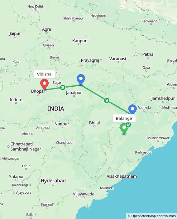 Route map showing distance and travel time from Balangir, India to Vidisha, India